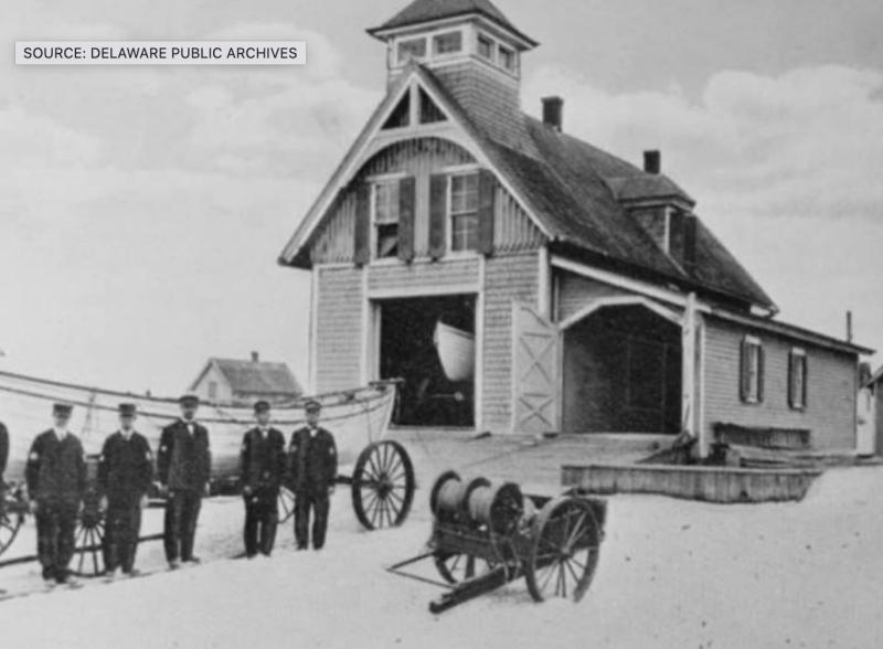Crew members of the Indian River Life-Saving Station pose for a photograph with the gear they used to make rescues. DELAWARE PUBLIC ARCHIVES PHOTO